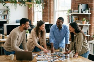 Équipe de collègues partageant des photos autour d'une table en bois dans un bureau ouvert et chaleureux, illustrant une culture d'entreprise humaine et décontractée