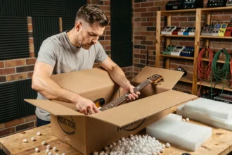Musicien déballant une guitare électrique commandée sur Thomann dans un studio home recording avec des panneaux acoustiques