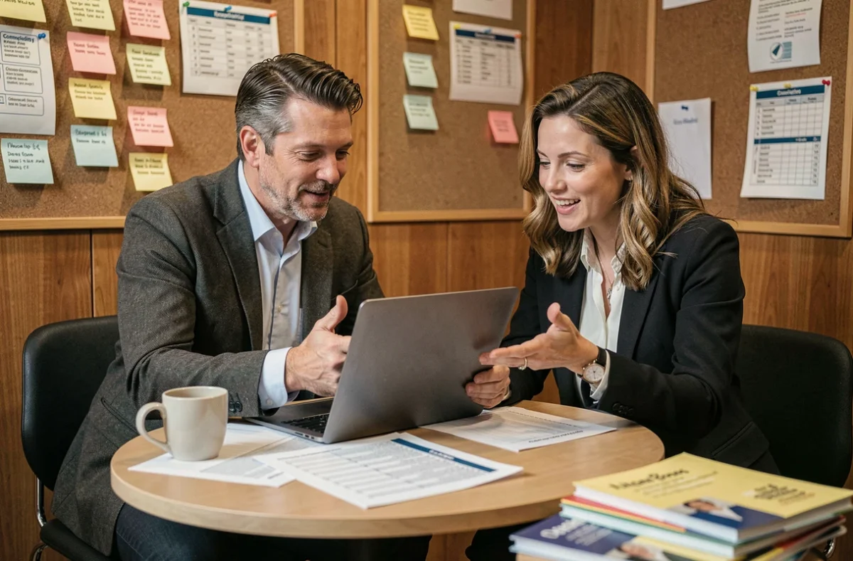 Deux professionnels RH en session de débriefing analysant les résultats d'un parcours d'évaluation candidat