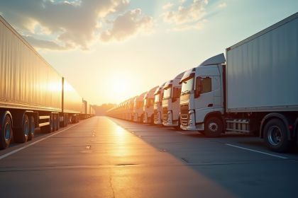 Dépôt logistique avec camions frigorifiques au lever du soleil