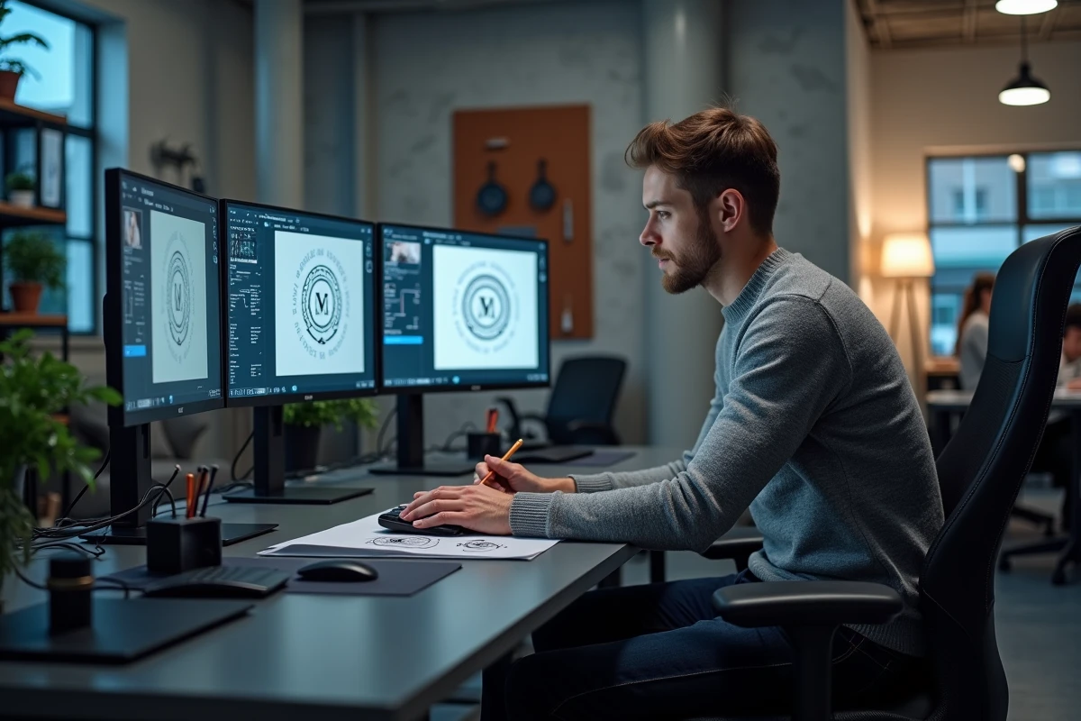 Designer graphique téléchargeant et retravaillant le logo officiel des notaires sur ordinateur professionnel