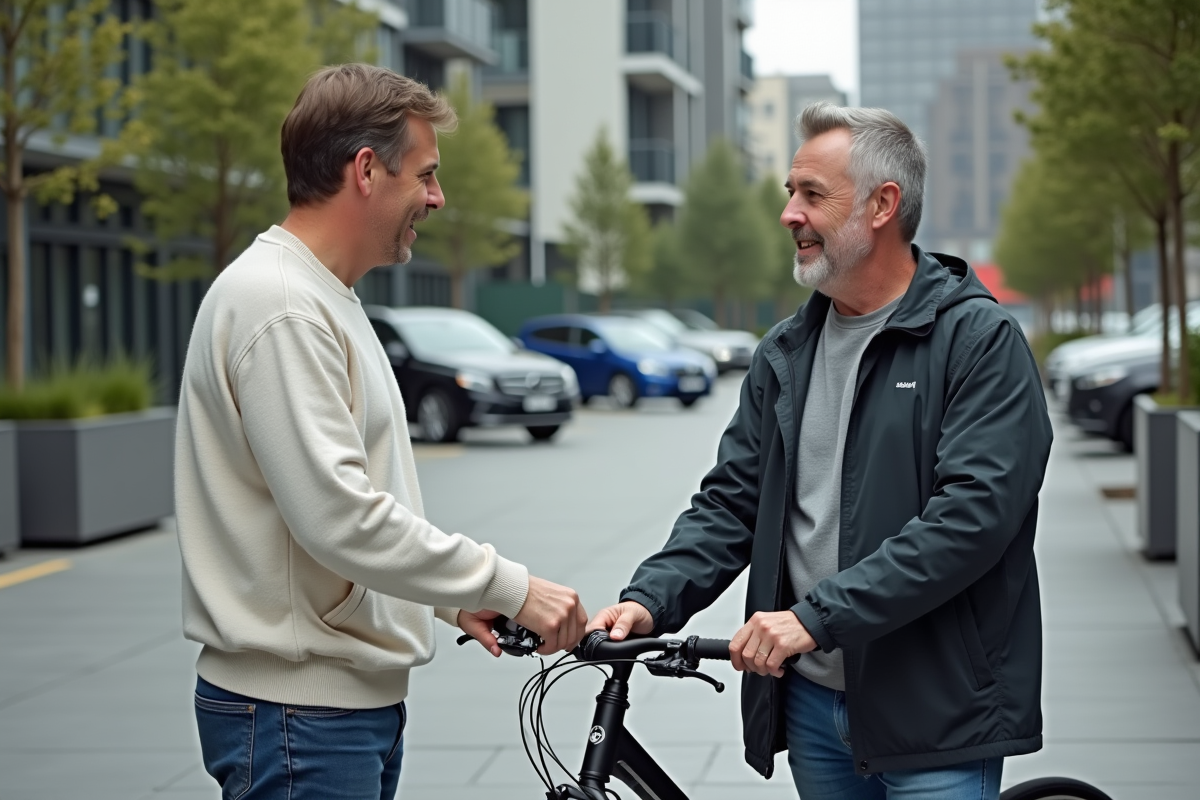 Deux hommes échangeant une bicyclette dans un parking urbain