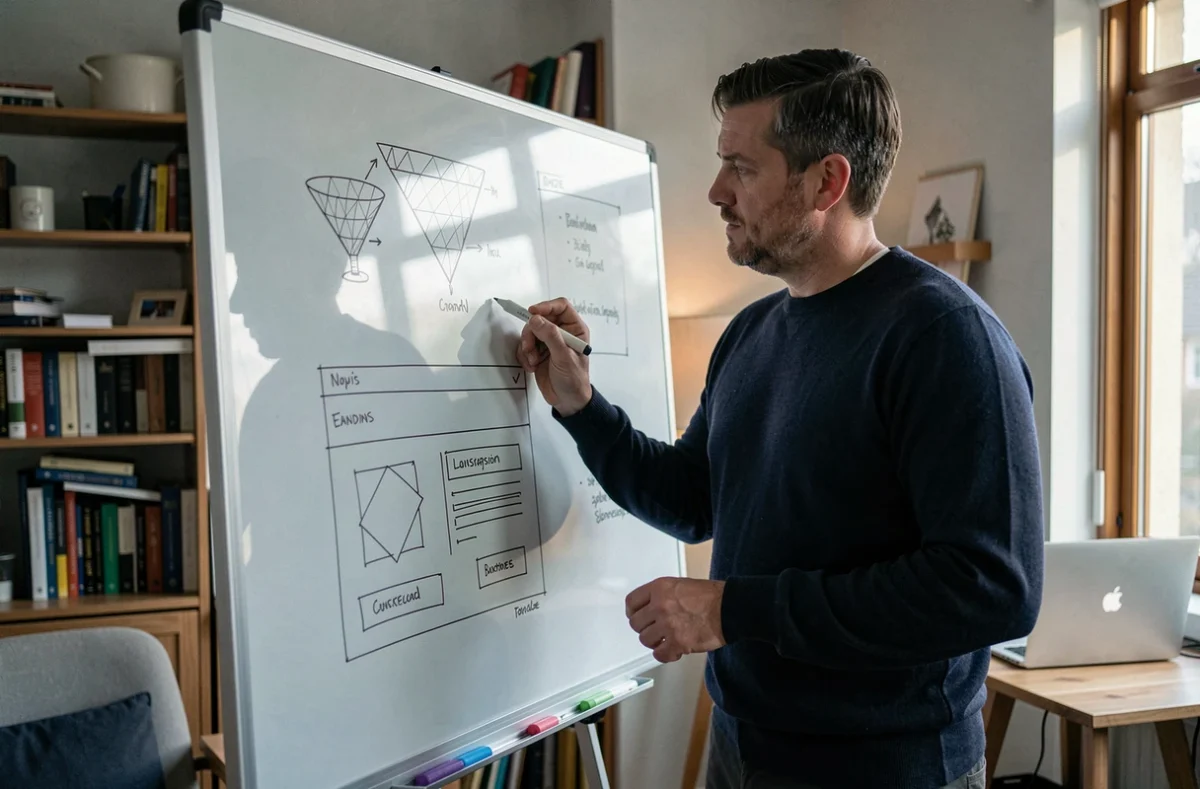 Développeur web analysant des wireframes de site vitrine SaaS sur tableau blanc dans un studio créatif