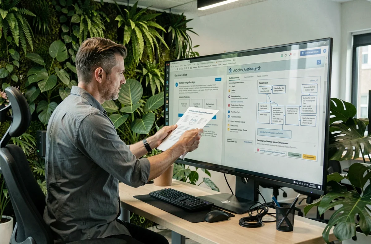 Spécialiste IA de l'agence Digital Garden dans le Loiret travaillant sur la conformité à l'AI Act et des projets web dans un bureau biophilique végétalisé