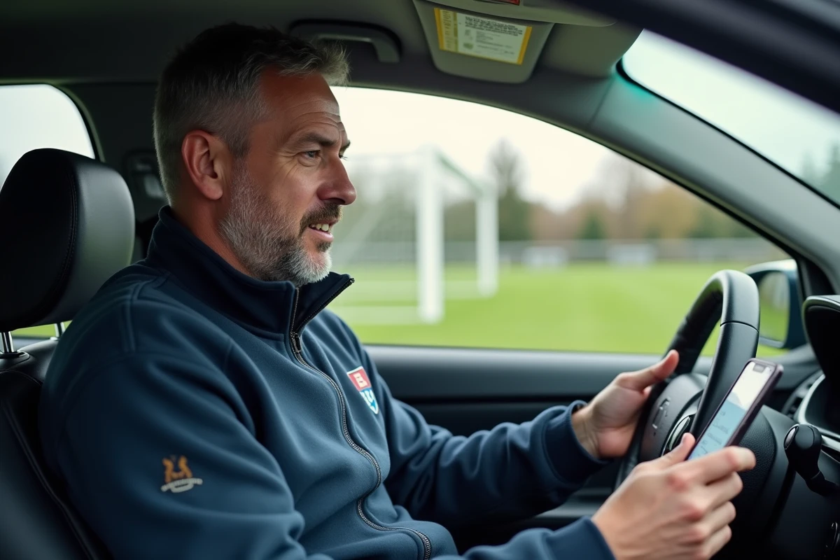 Dirigeant de club accédant à l'extranet FBI V2 sur mobile depuis un parking de terrain de football