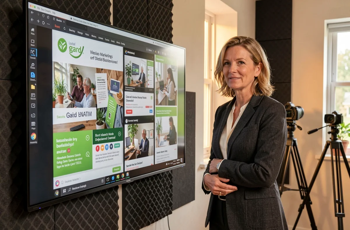 Directrice créative de DVI Prod présentant une campagne de marketing digital et de production vidéo dans un studio professionnel