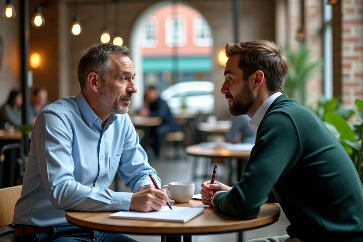 Deux professionnels échangeant sur un projet d'accélération d'innovation dans un espace de co-working moderne inspiré du réseau Kellogg