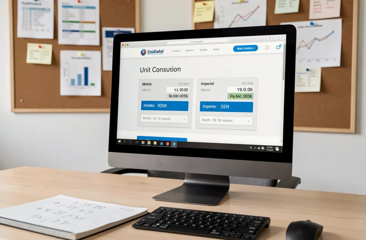 Écran d'ordinateur affichant un site de conversion de mesures avec un clavier et un bloc-notes sur un bureau professionnel