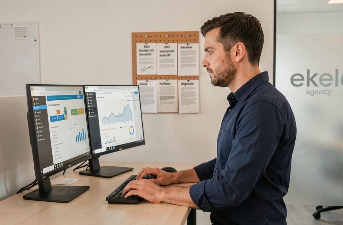 Développeur web de l'agence Ekela à Orléans analysant des données SEO sur deux écrans dans un bureau moderne et épuré