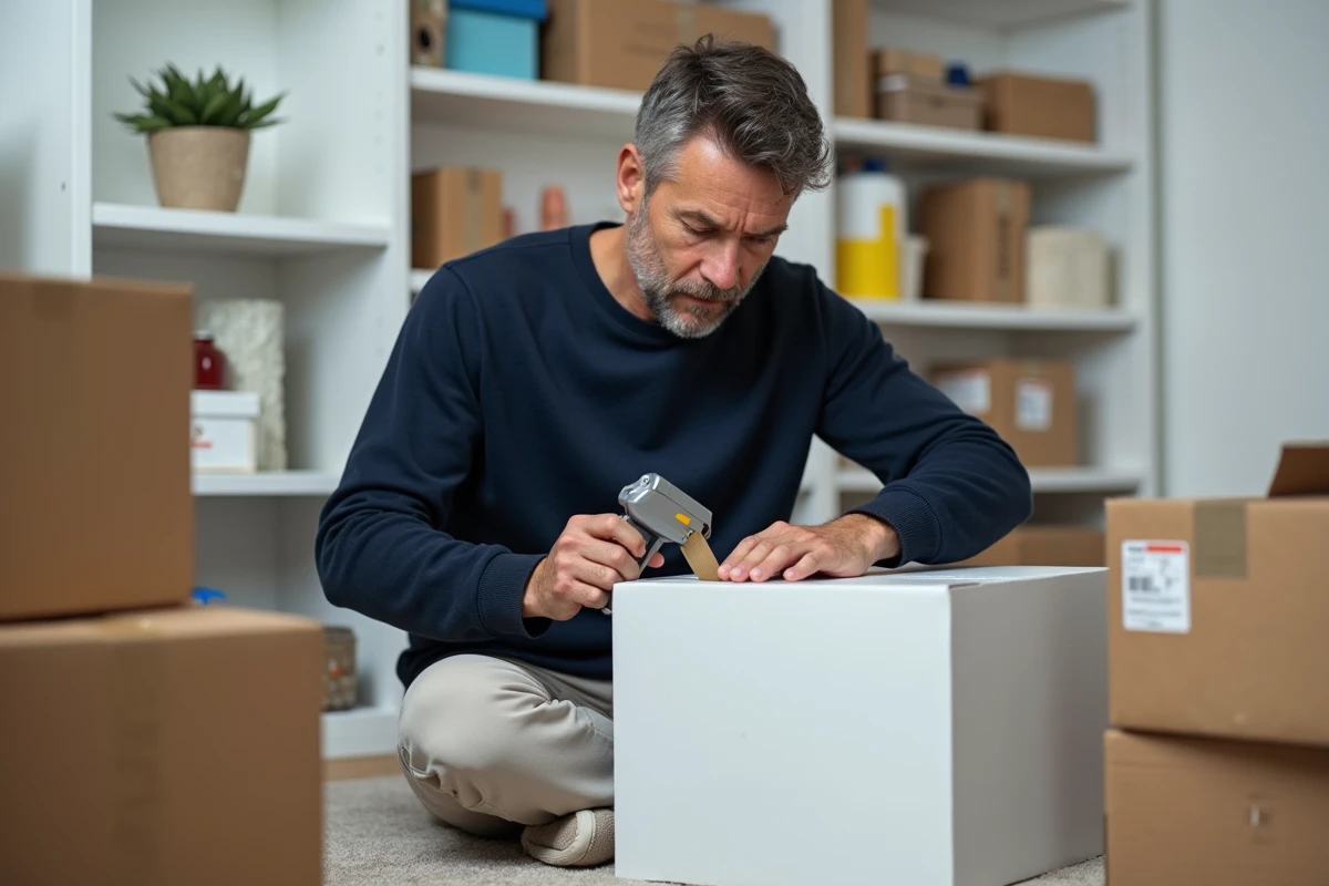Homme emballeur à domicile dans une chambre aménagée en espace de stockage avec des colis prêts à expédier pour une marque e-commerce