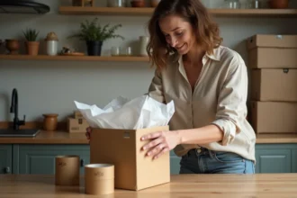 Femme emballeuse à domicile préparant une commande e-commerce dans sa cuisine avec des boîtes en carton et du papier de soie
