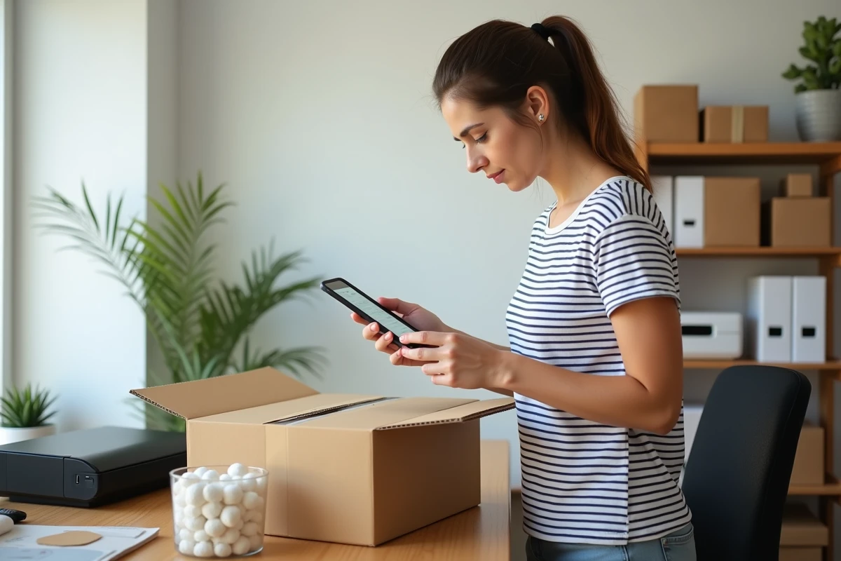 Femme travaillant comme emballeuse indépendante à domicile, apposant une étiquette d'expédition sur un colis pour un e-commerçant