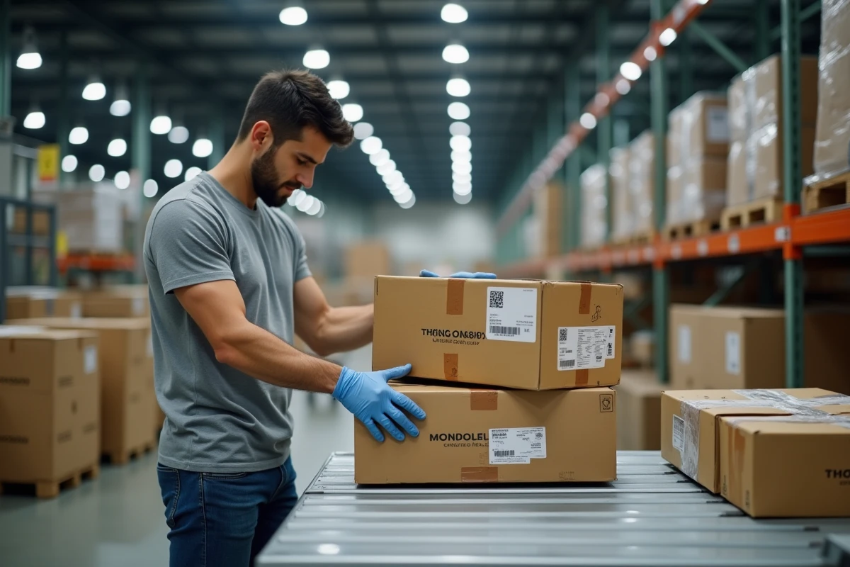 Employé de logistique organisant des colis e-commerce avec étiquettes Mondial Relay en entrepôt