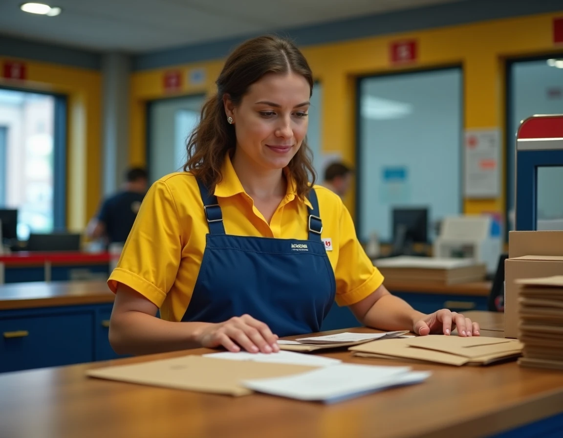 Employée de La Poste triant des colis et enveloppes au guichet d'un bureau de poste français