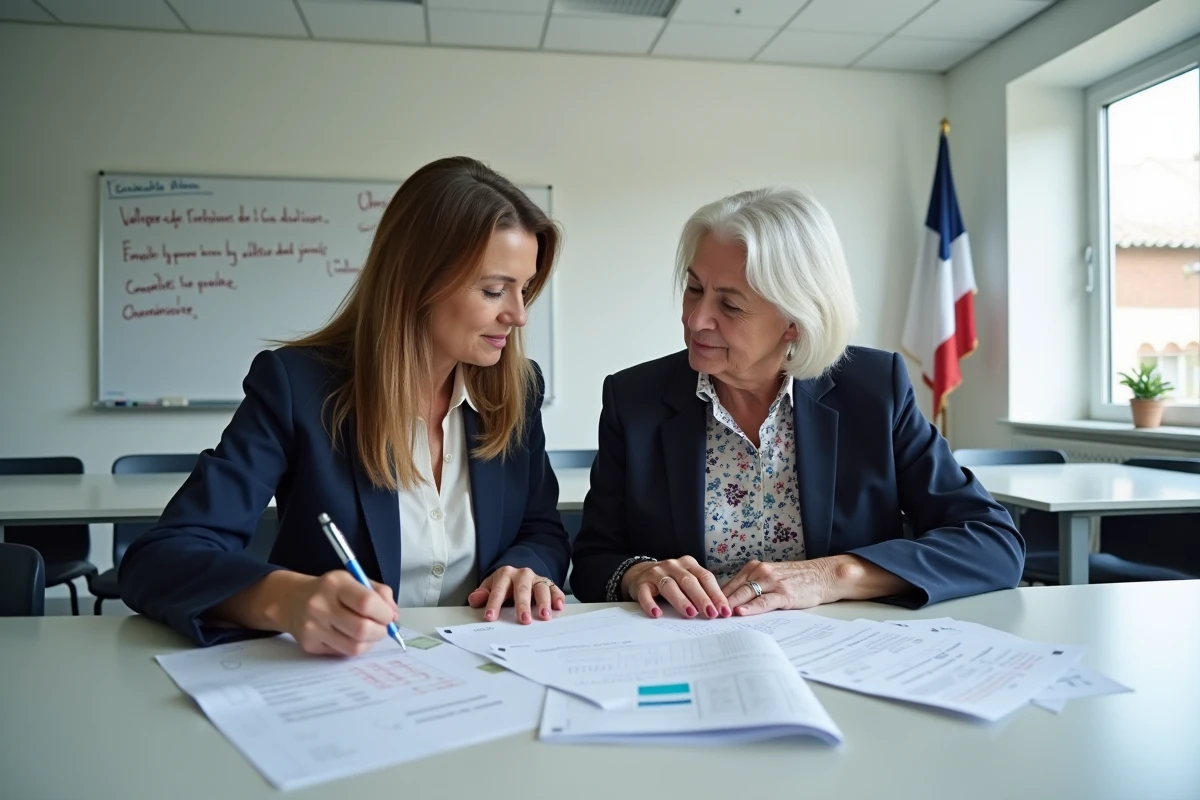 Deux enseignantes collaborant sur l'analyse de bulletins de paie lors d'une réunion administrative scolaire