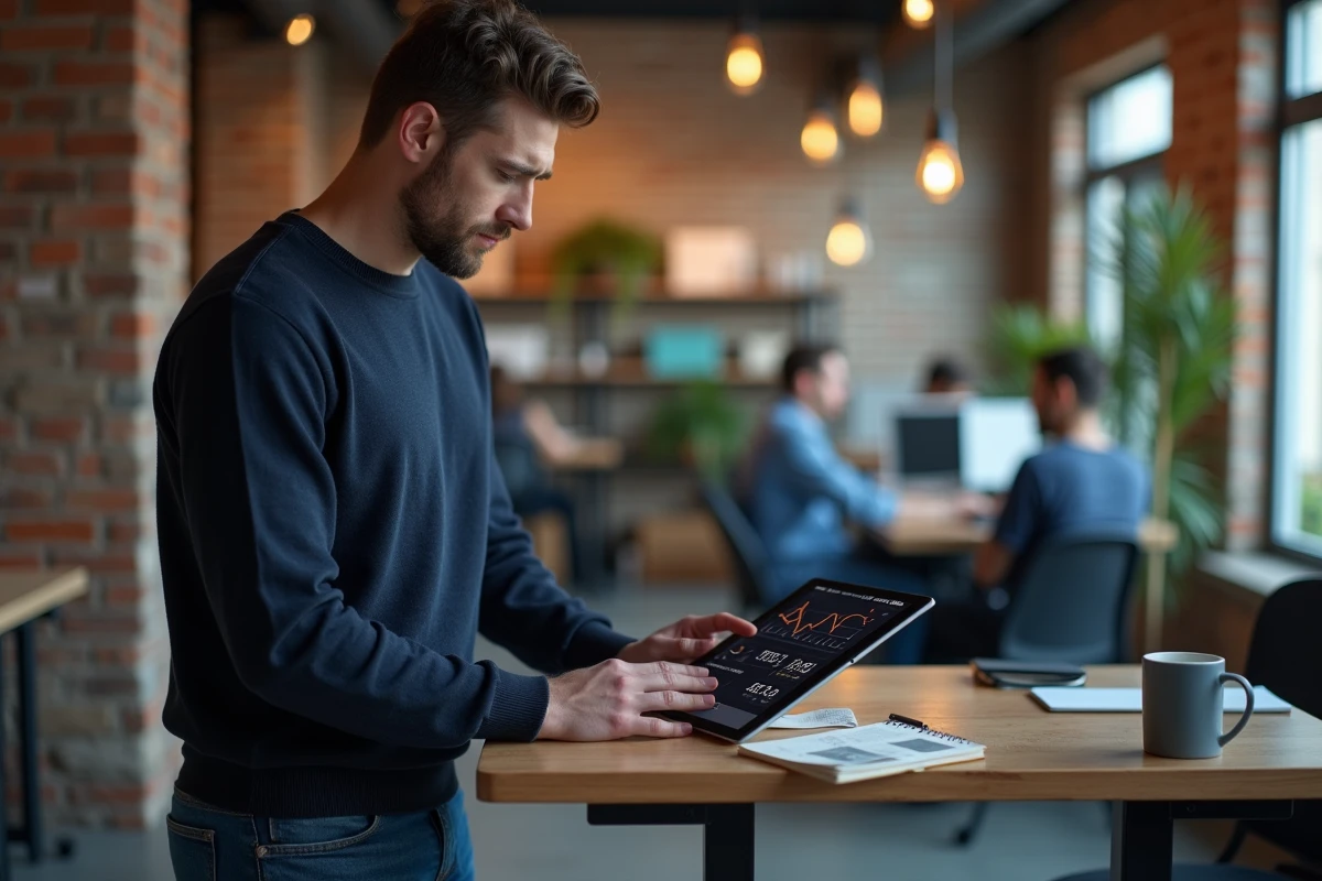 Entrepreneur masculin analysant des statistiques de ventes insuffisantes sur une tablette dans un espace de coworking, concept d'erreurs de stratégie commerciale en ligne
