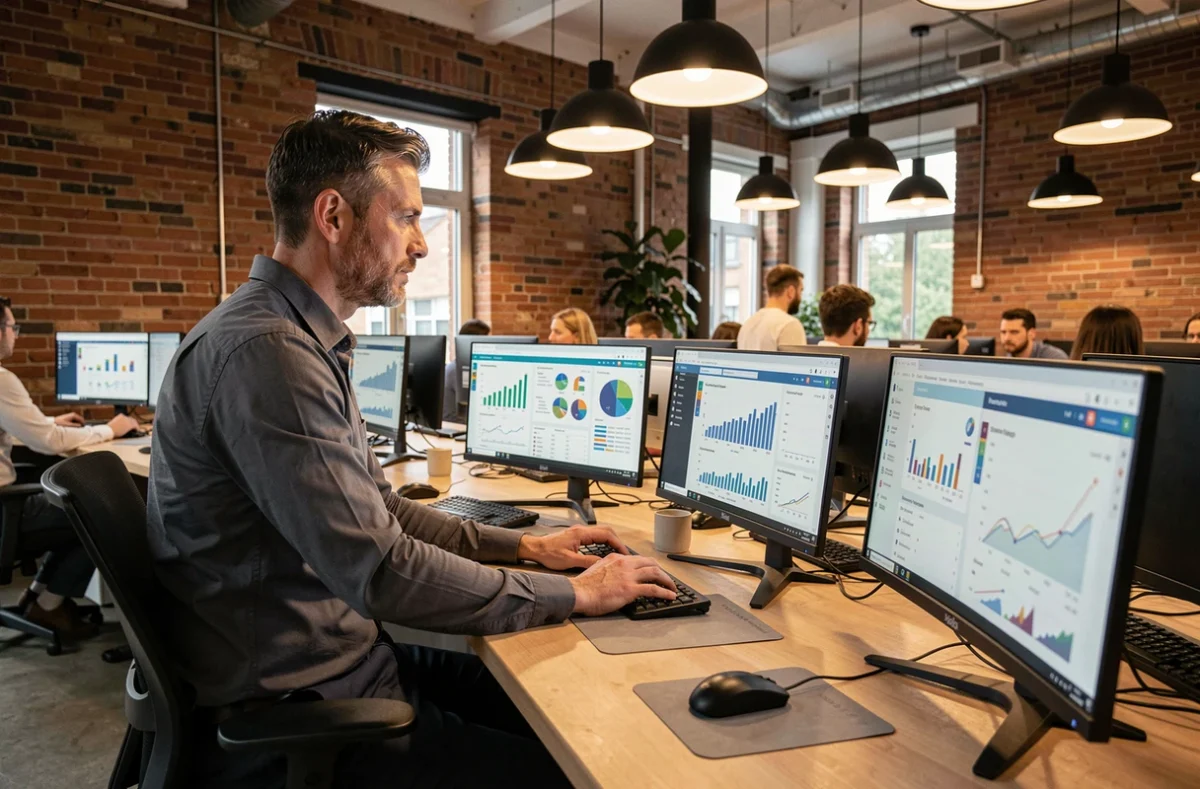 Entrepreneur masculin travaillant sur des tableaux de bord analytiques dans un espace de coworking moderne