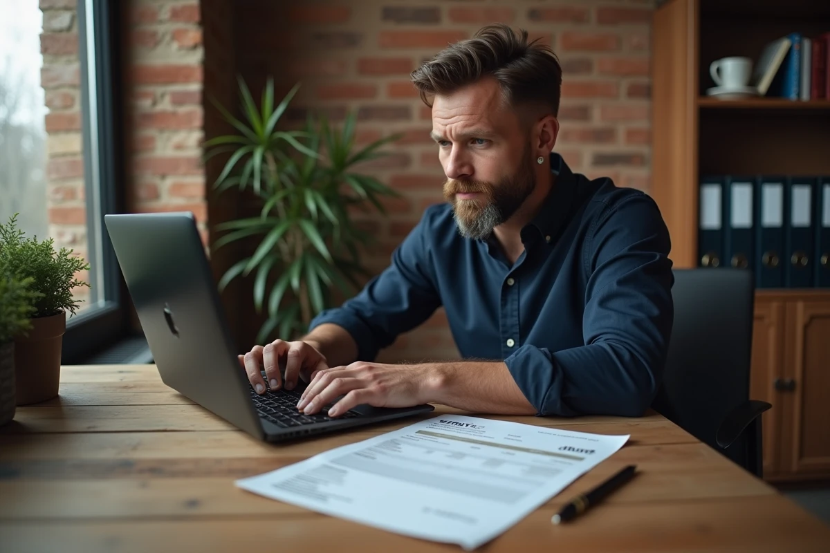 Entrepreneur consultant vérifiant une facture acquittée sur son bureau avec ordinateur portable