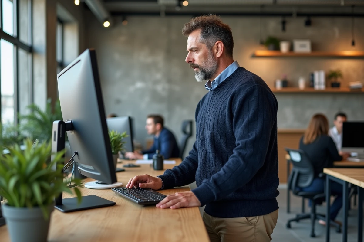 Entrepreneur masculin qui remplit un formulaire d'immatriculation d'entreprise en ligne dans un espace de coworking moderne