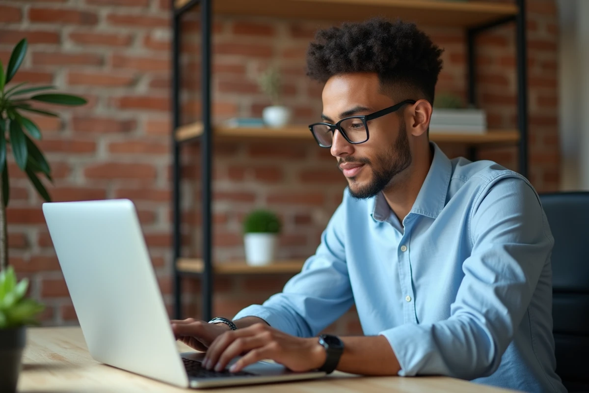 Jeune entrepreneur souscrivant en ligne à une assurance entreprise Loop depuis son bureau à domicile