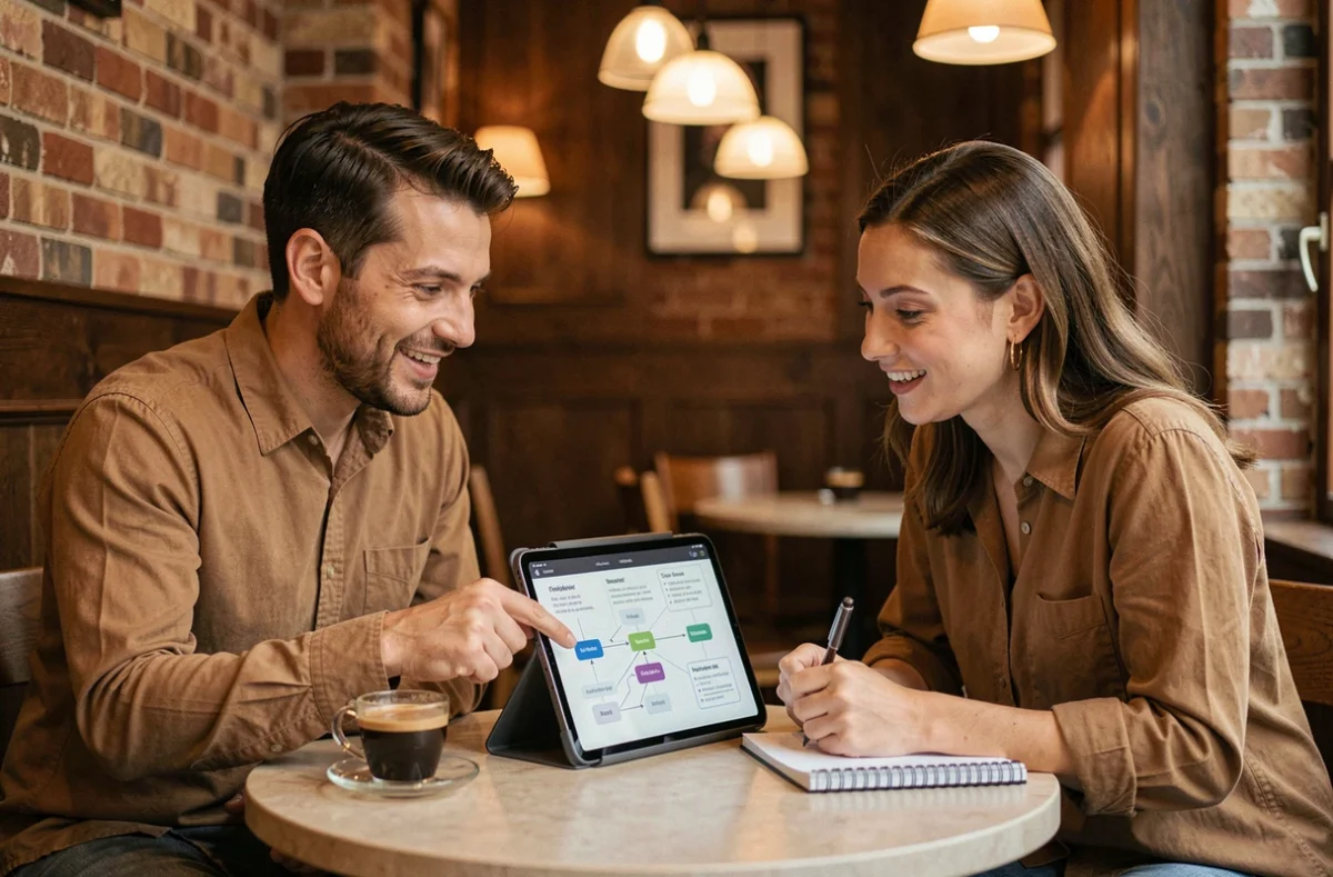 Deux entrepreneurs discutant des outils cachés d'une plateforme startup autour d'une tablette dans un café indépendant