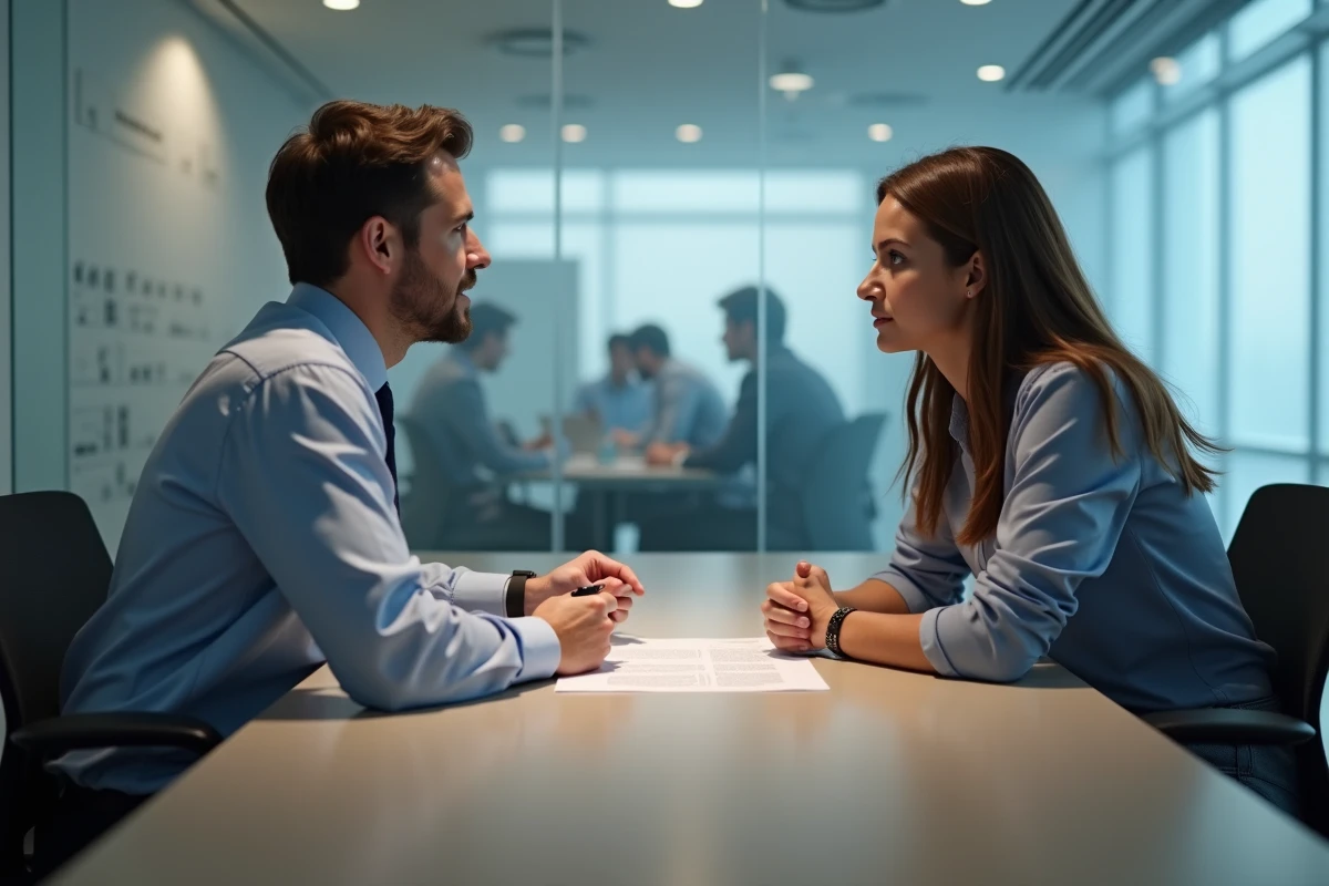 Manager RH discute contrat avec un jeune candidat dans une salle