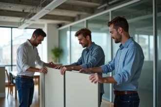 Équipe de professionnels assemble murs modulaires en intérieur