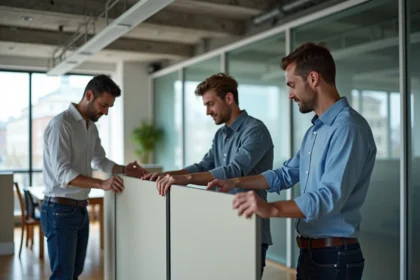 Équipe de professionnels assemble murs modulaires en intérieur