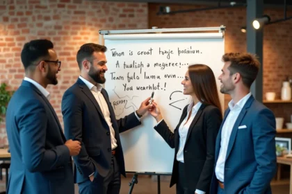 Équipe de professionnels réunis autour d'un tableau blanc avec des citations motivantes sur l'esprit d'équipe