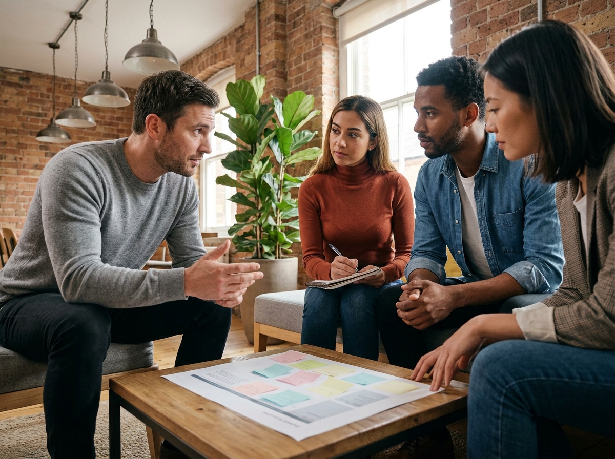 Équipe RH et managers collaborant sur les fondations de la marque employeur autour de documents stratégiques
