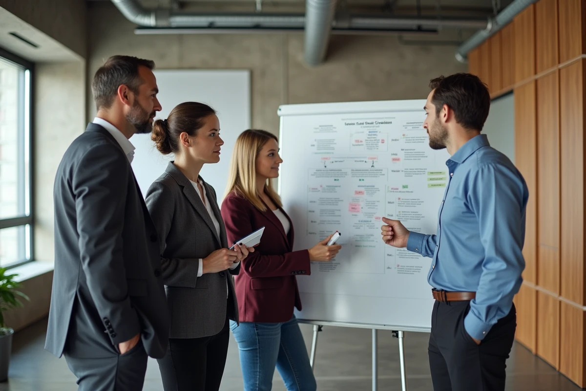 Équipe de professionnels en conformité discutant de stratégie réglementaire autour d'un tableau blanc
