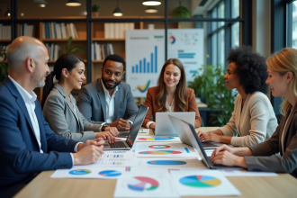 Groupe de professionnels en réunion marketing dynamique