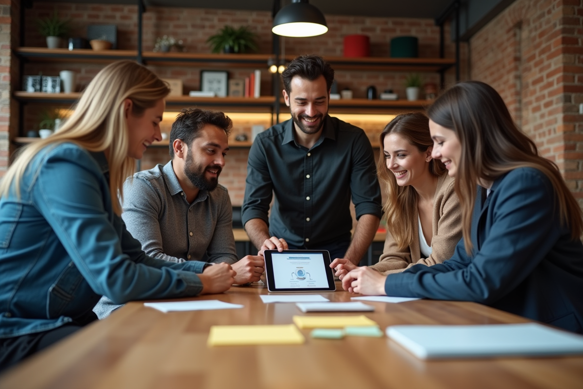 Equipe diverse analysant maquettes CRM lors d