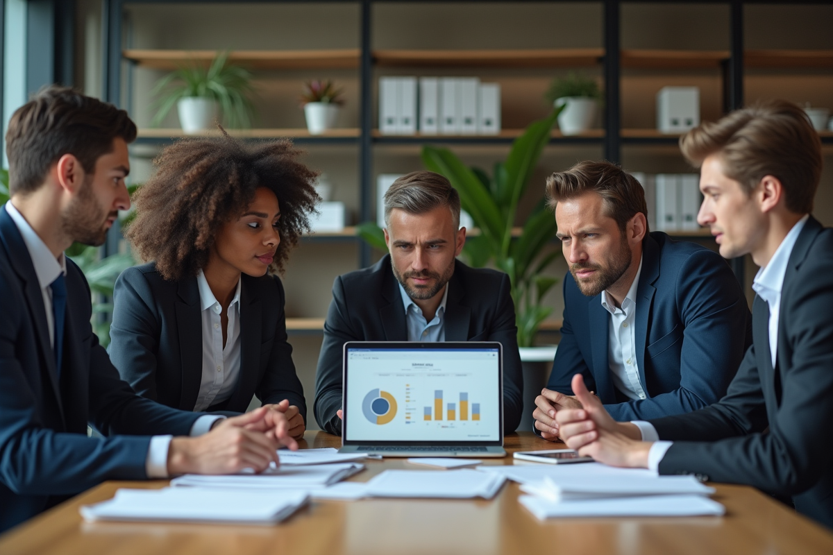 Groupe de professionnels autour d'un tableau digital HR