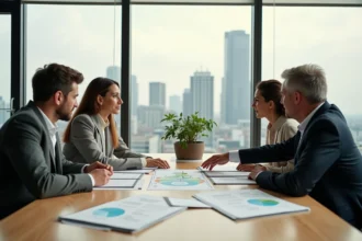 Équipe professionnelle en réunion autour d'une table avec des rapports RSE et des graphiques de performance durable