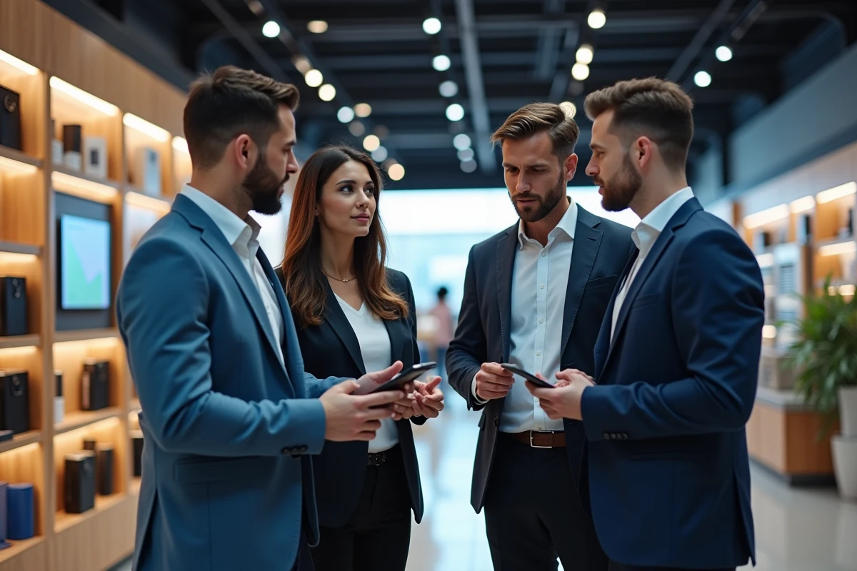 Groupe de professionnels dans un showroom avec écrans numériques