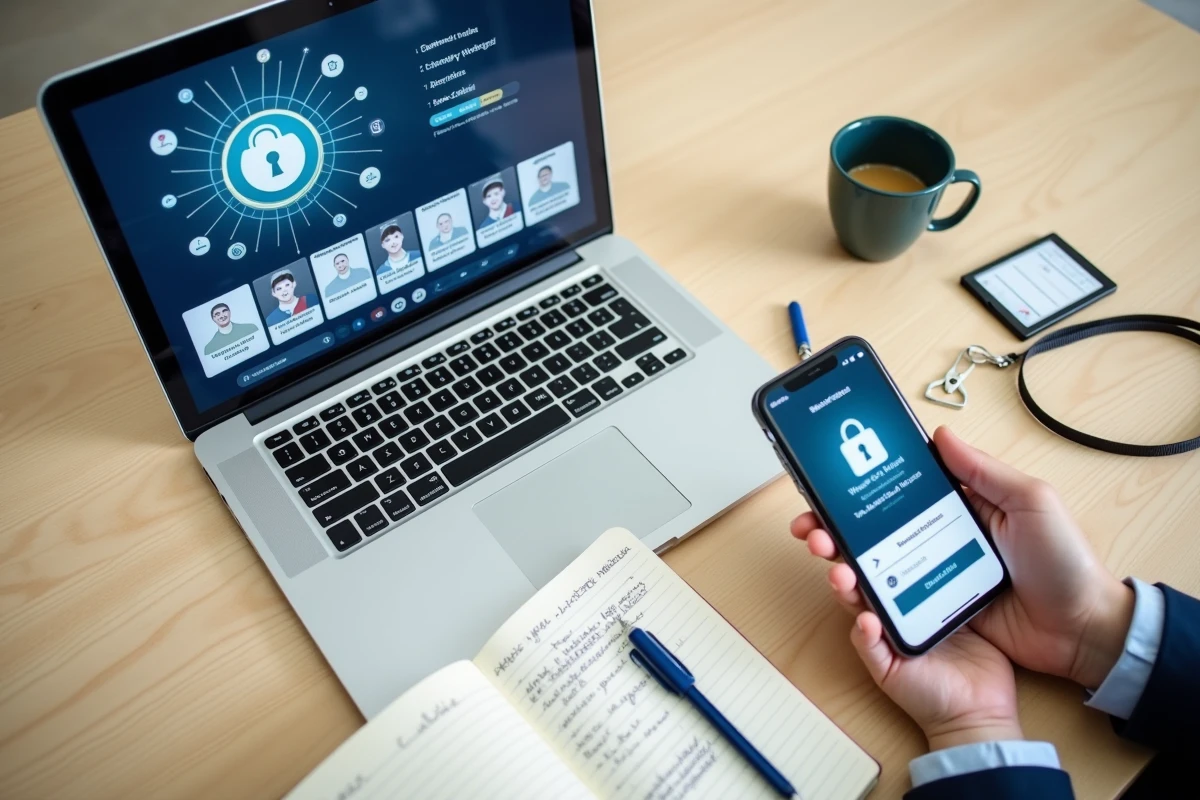 Vue de dessus d'un espace de travail scolaire avec portail sécurisé de gestion des élèves et authentification en ligne