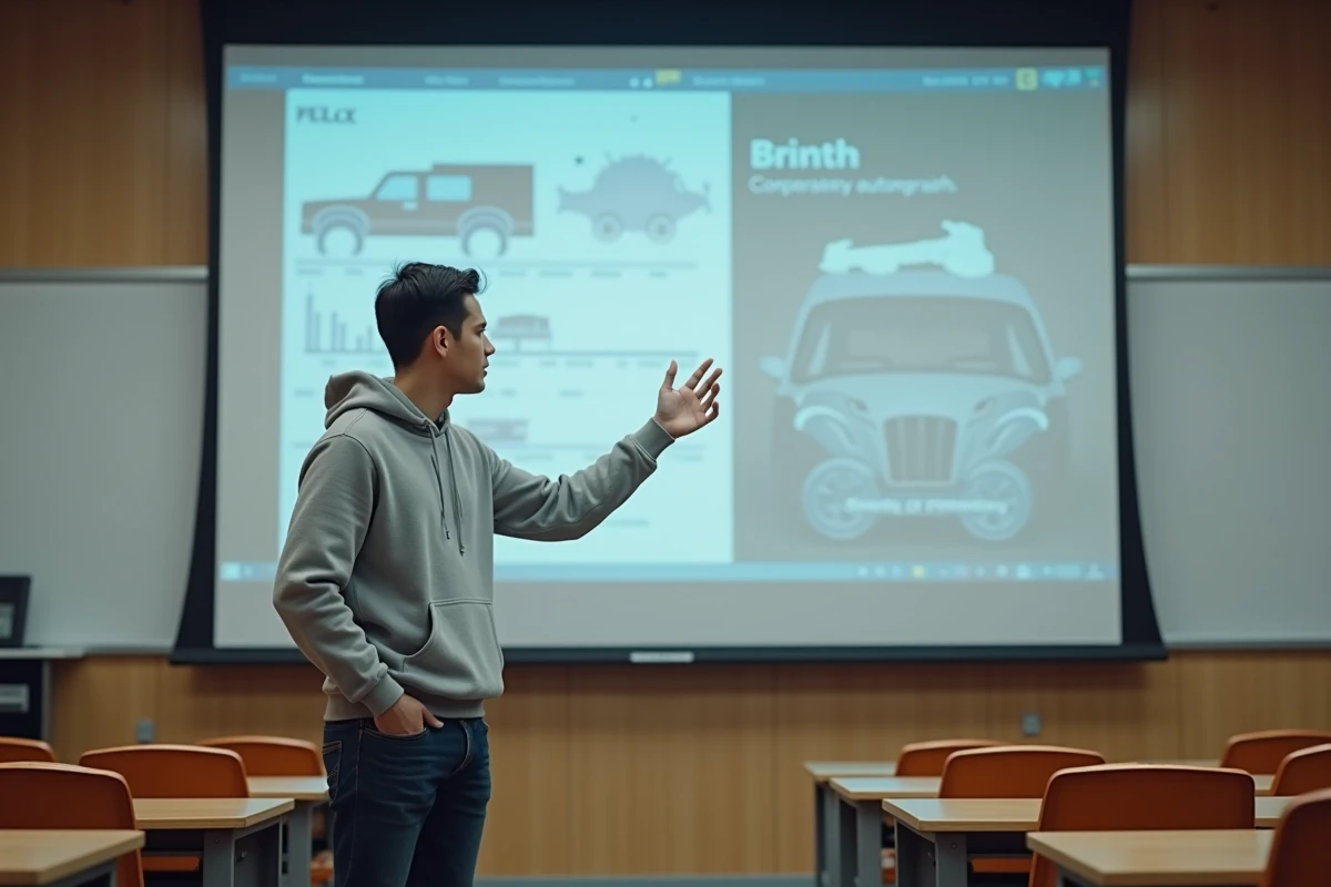 Étudiant présentant un exposé sur l'industrie automobile Stellantis devant un écran de projection en salle de cours