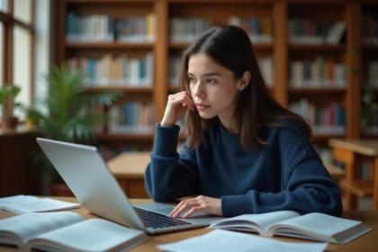 Étudiante préparant un exposé sur Stellantis dans une bibliothèque universitaire avec des notes et un ordinateur portable
