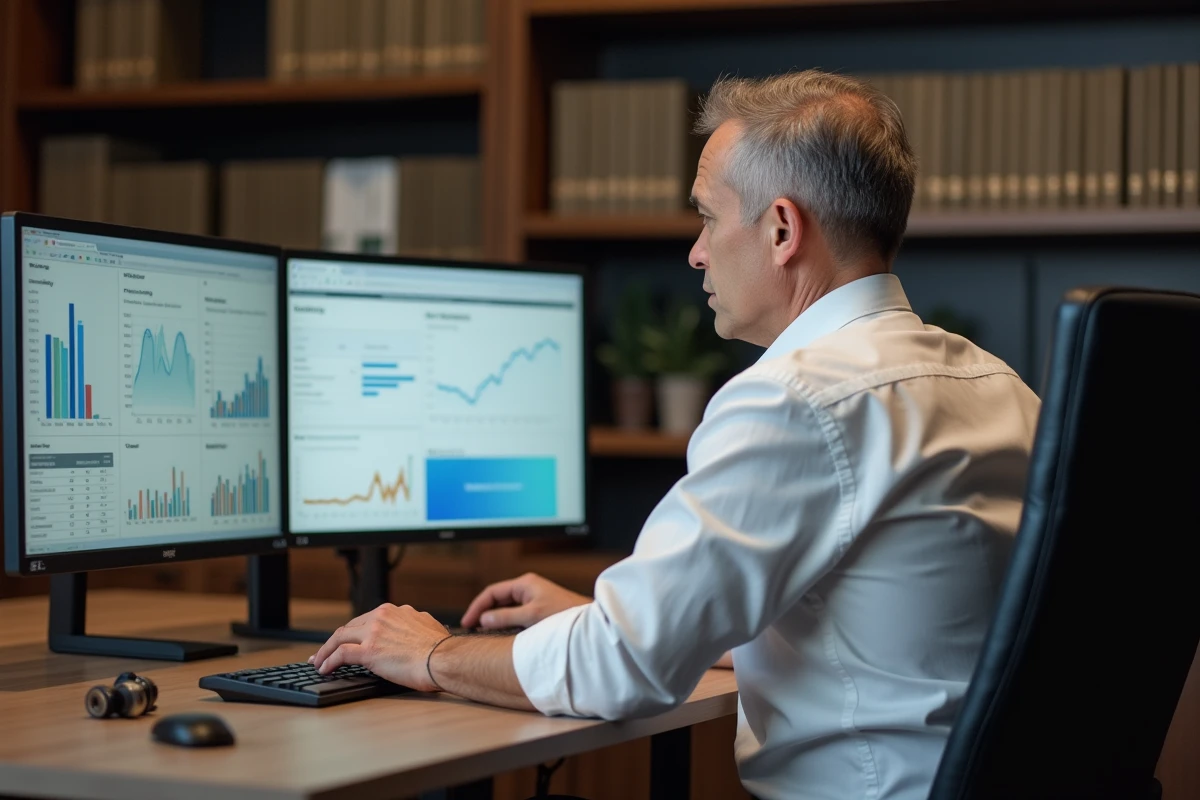 Expert en conformité travaillant sur des tableaux de bord de gestion des risques dans un bureau privé