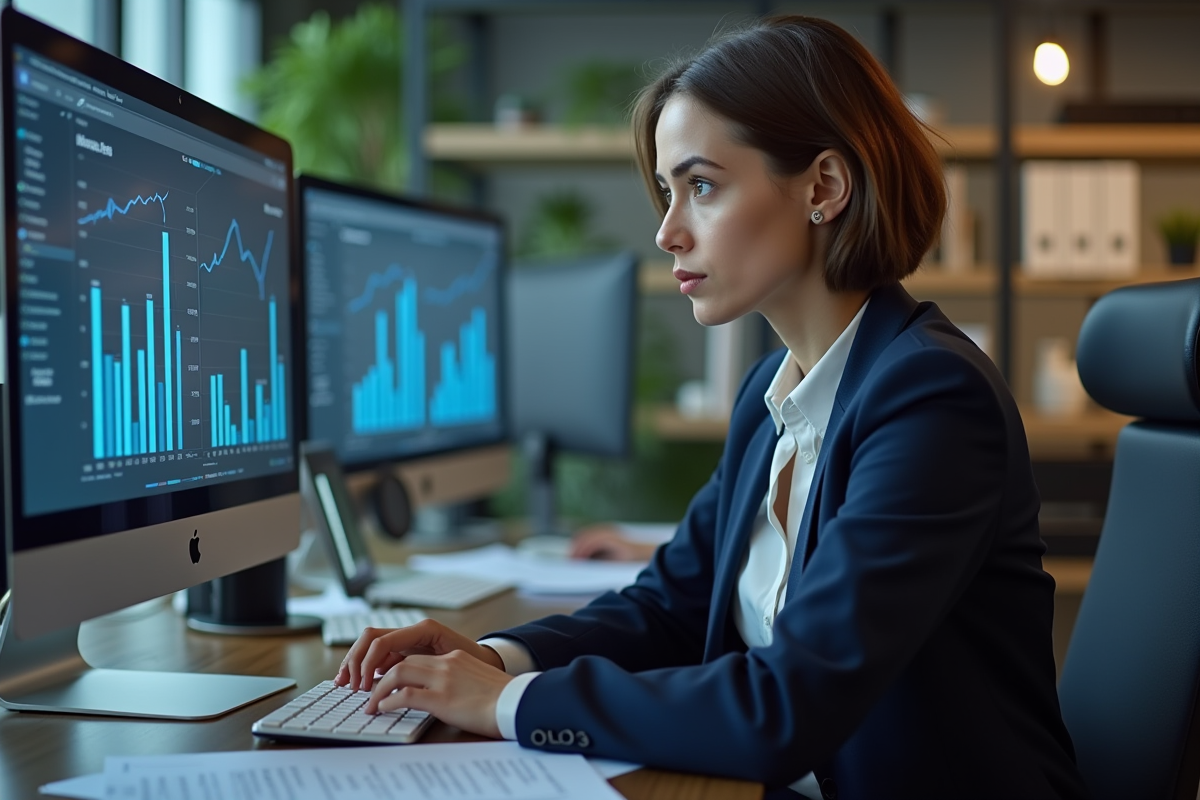 Femme d'affaires analysant un tableau de bord numérique