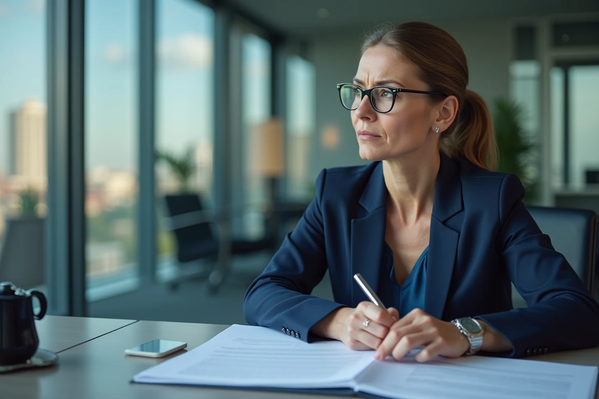 Femme d affaires en costume lisant des documents importants
