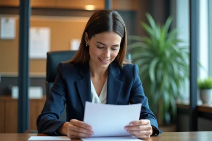 Femme d affaires en costume lisant une note de réunion