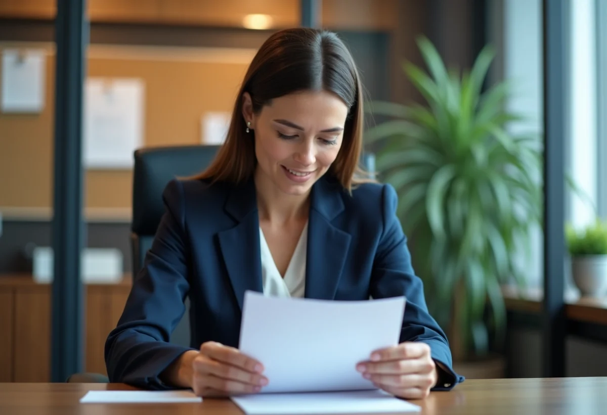 Femme d affaires en costume lisant une note de réunion