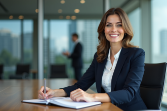 Femme d'affaires en blazer navy dans un bureau moderne