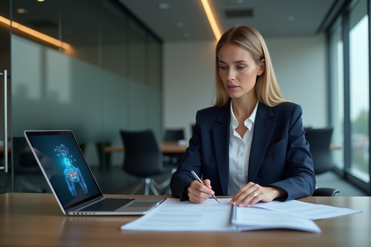 Femme d affaires en costume bleu dans un bureau moderne
