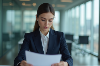 Femme d affaires concentrée en costume navy dans un bureau moderne