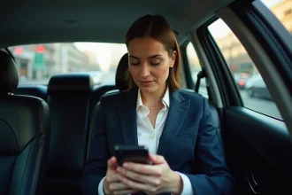 Femme d'affaires dans un taxi utilisant son smartphone