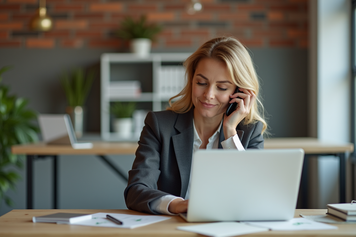Femme d affaires en coworking analysant des données sur son ordinateur