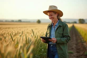 Agronome femme observant des blés dans un champ
